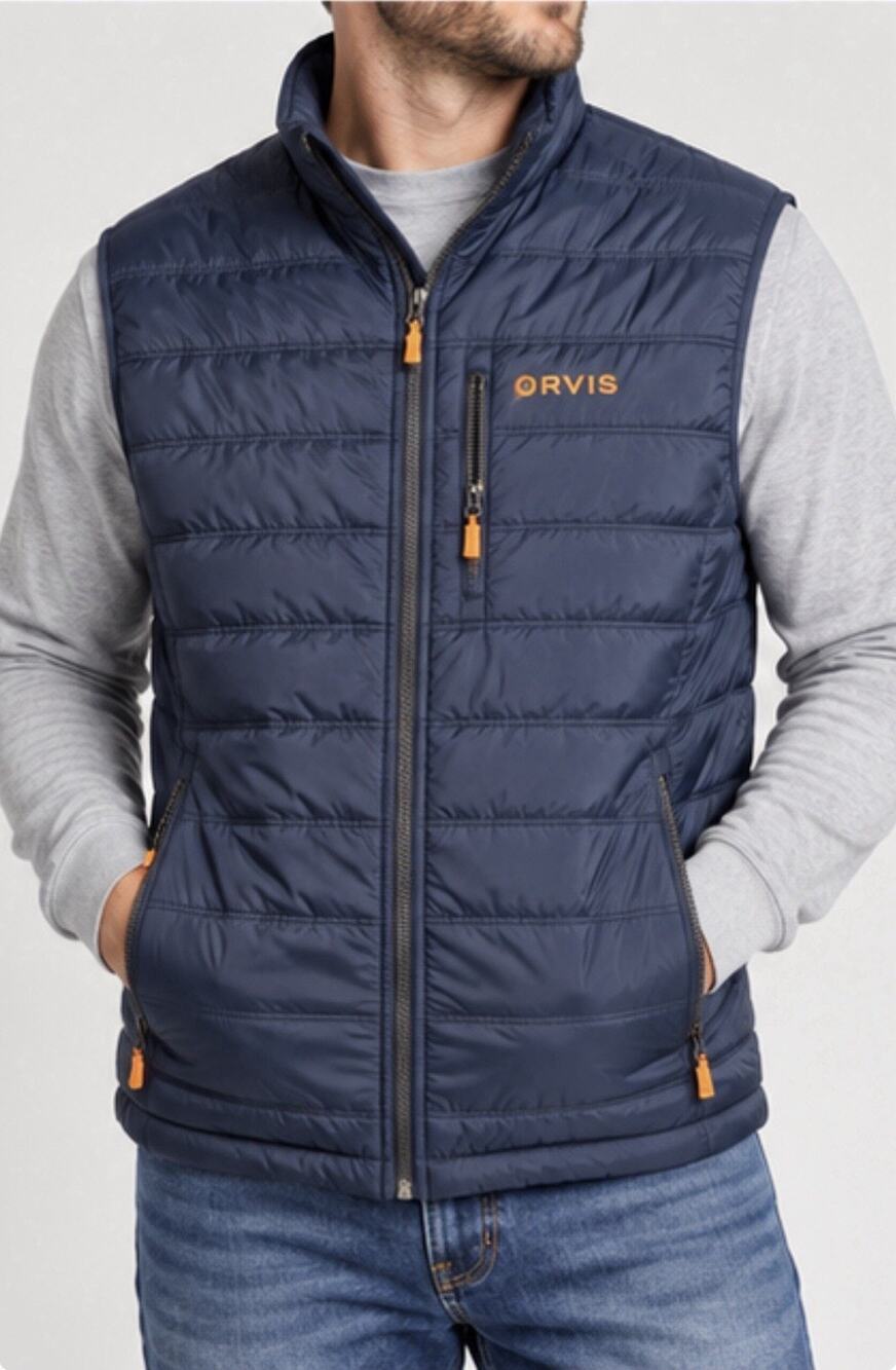 Orvis Mens Quilted Vest Size Medium Blue Orange Full Zip Outdoor Puffer